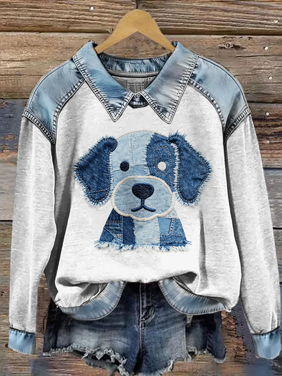 Women's Animal Print Patchwork Lapel Long Sleeved Sweatshirt