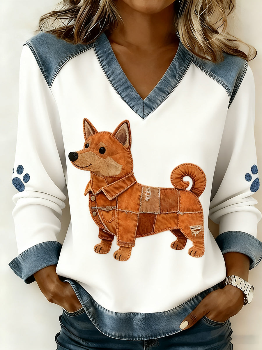 Women's Retro V-neck Denim Patchwork Animal Print Casual Comfort Top