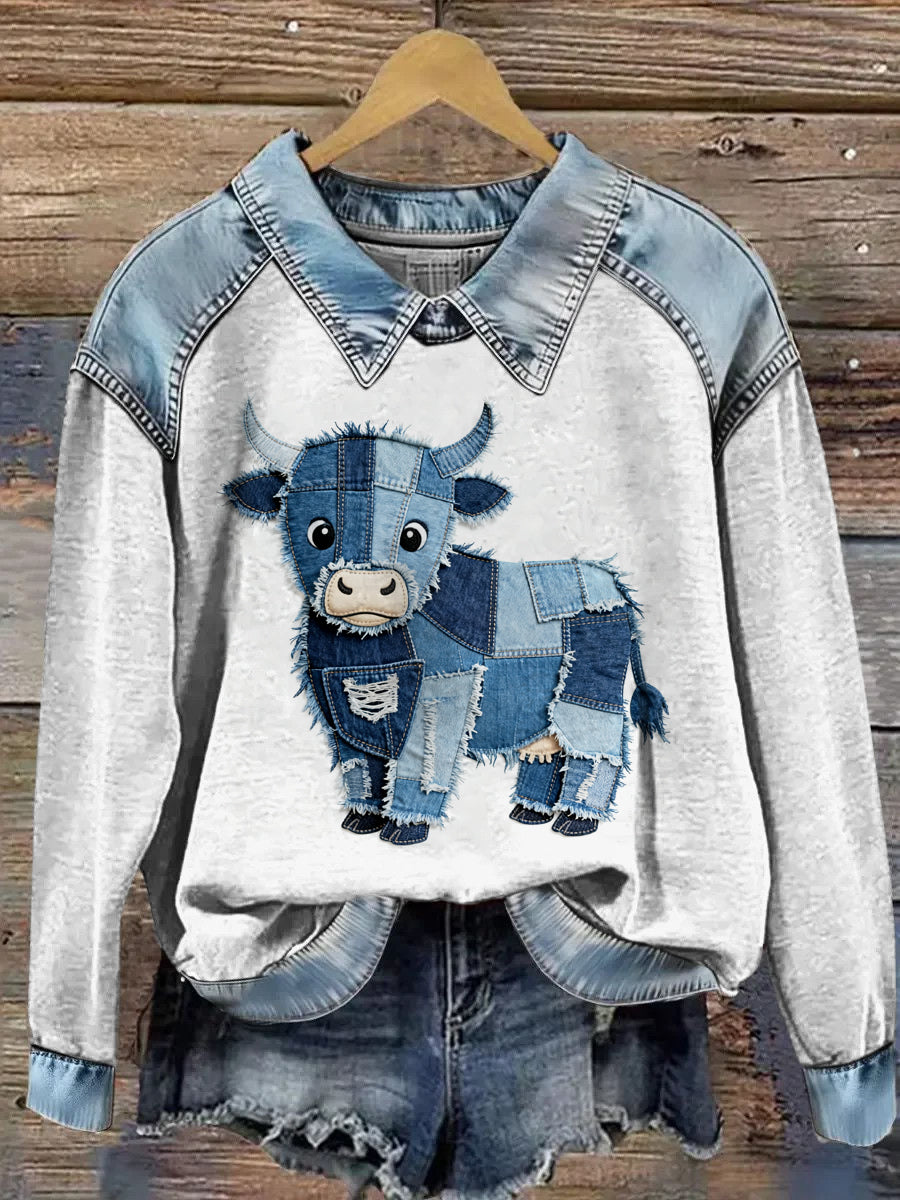 Women's Animal Print Patchwork Lapel Long Sleeved Sweatshirt