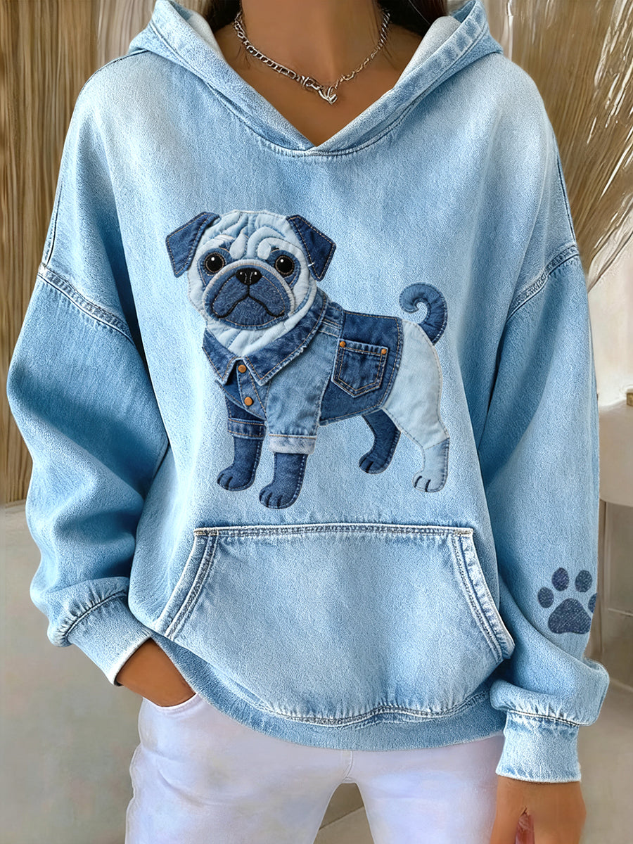 Women's Lovely Pug Dog Denim Patchwork Pattern Hoodie