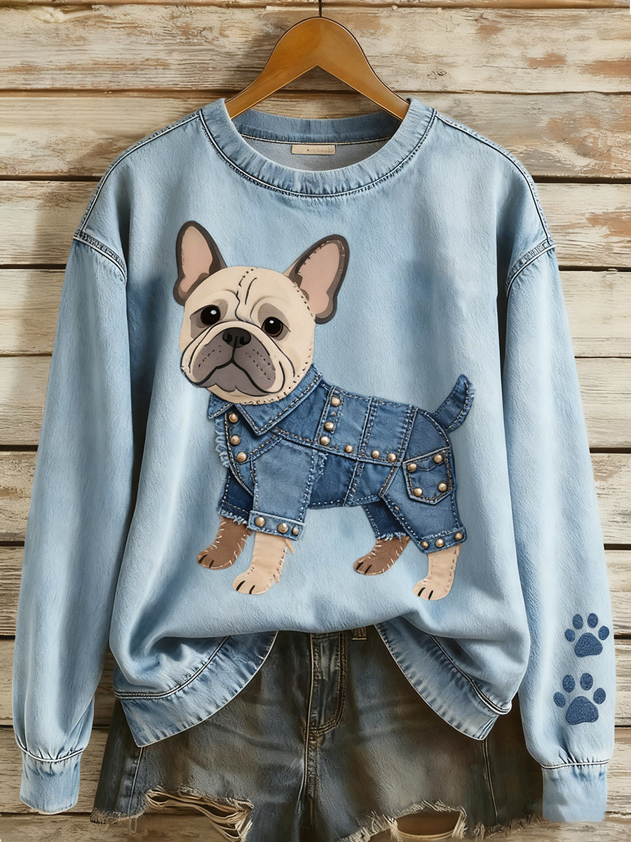 Women's Retro Denim Patchwork Animal Art Print Casual Comfort Long-Sleeve Sweatshirt