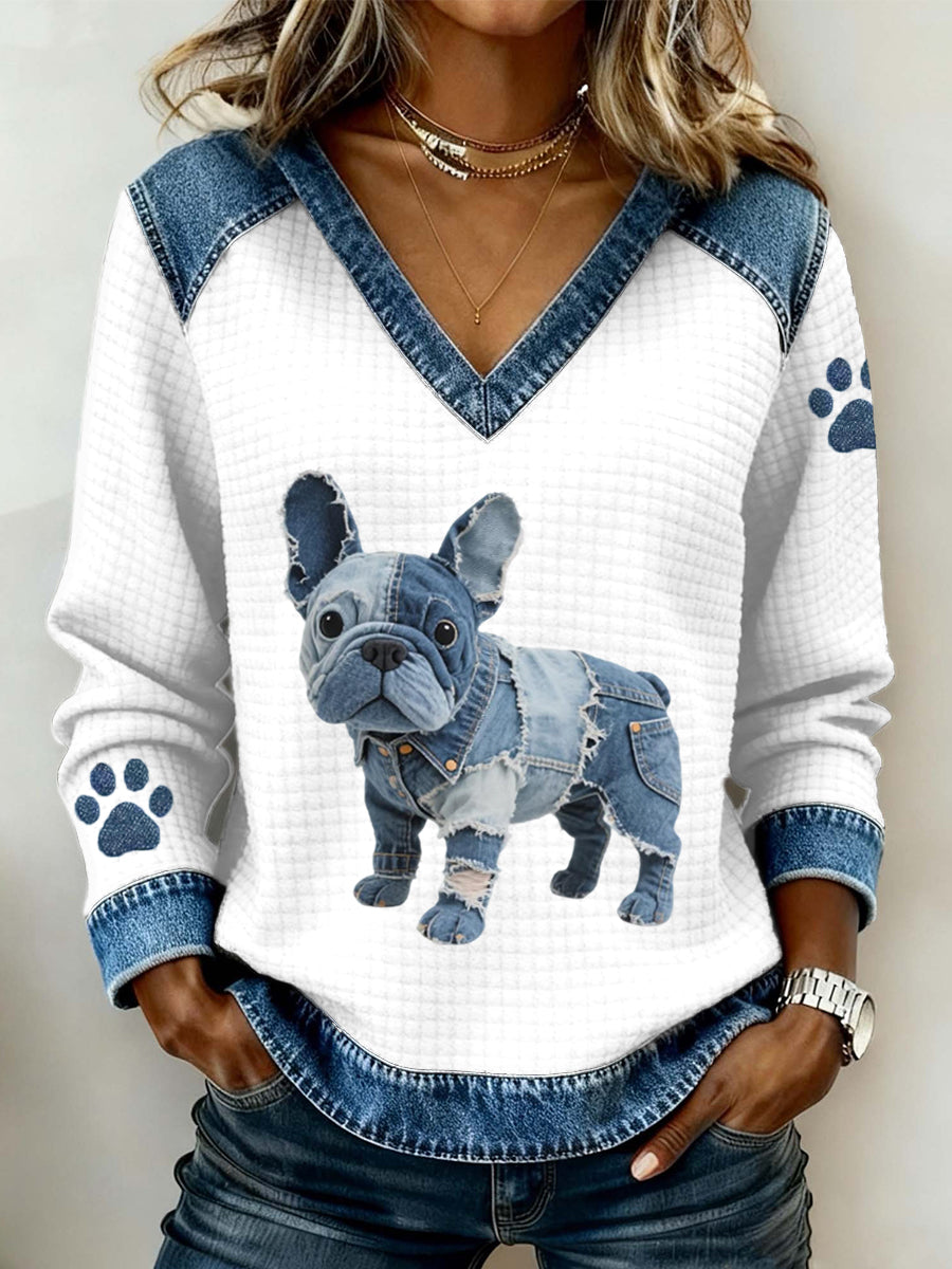 Women's Lovely French Bulldog Pattern Denim Patchwork V-Neck Top