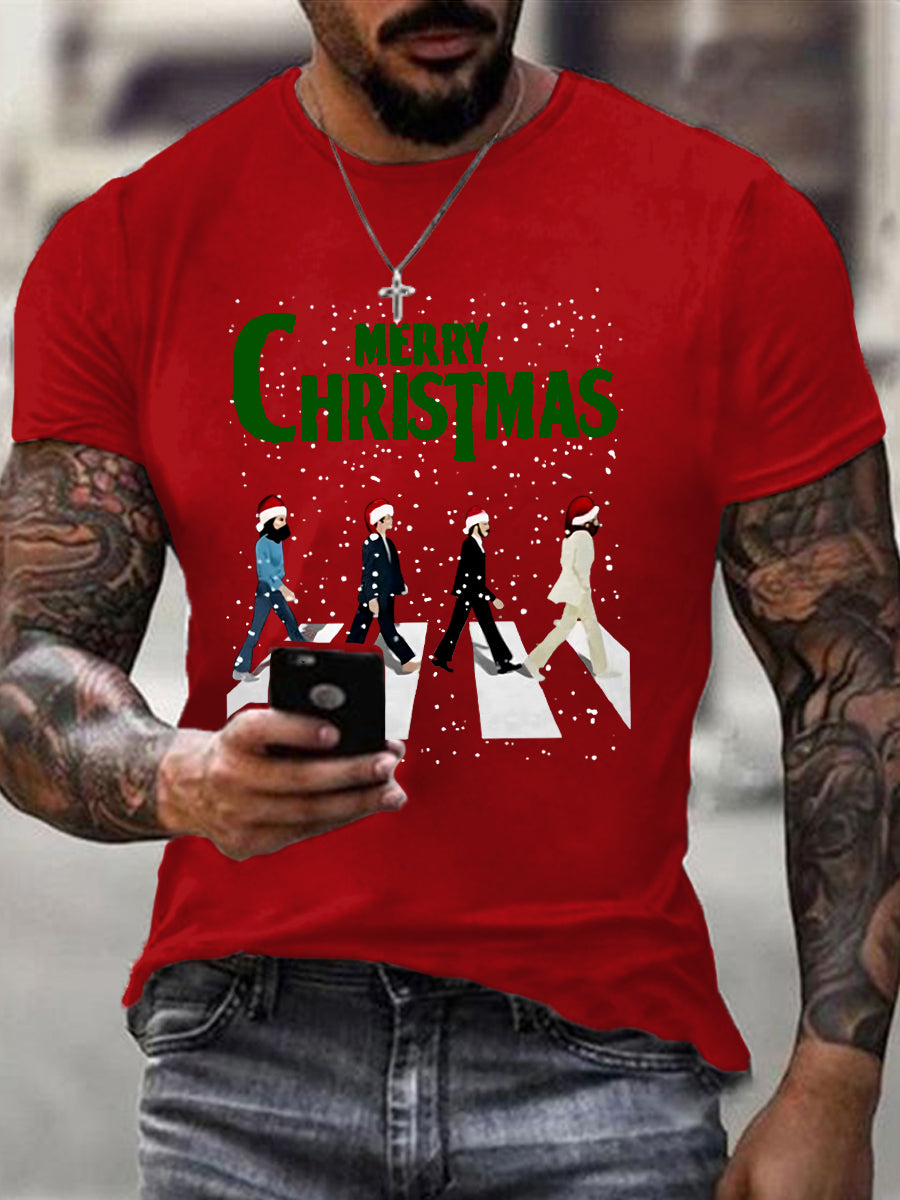 Men's Merry Christmas Retro Classic Legendary Rock Band Print Casual Tee