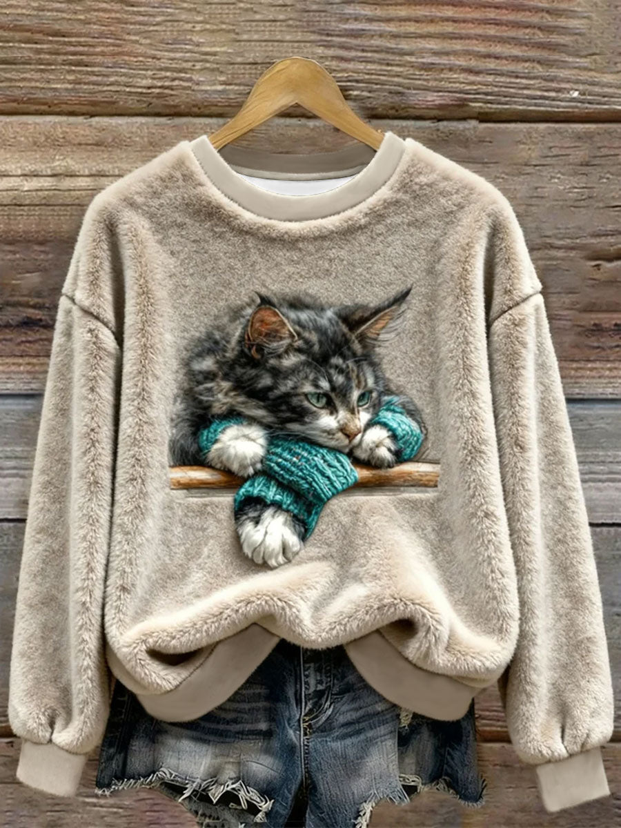 Women's Funny Cat Art Print Casual Flannel Hoodie