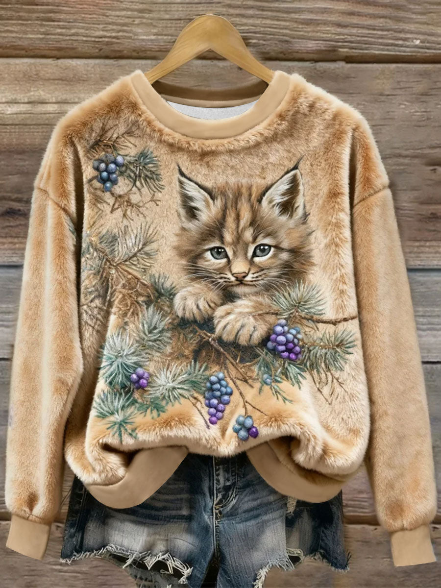 Women's Funny Cat Art Print Casual Flannel Hoodie