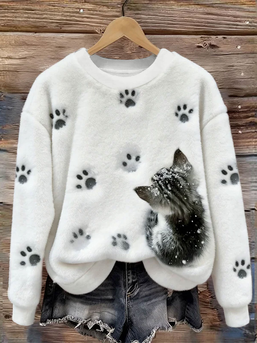 Women's Funny Cat Art Print Casual Flannel Hoodie