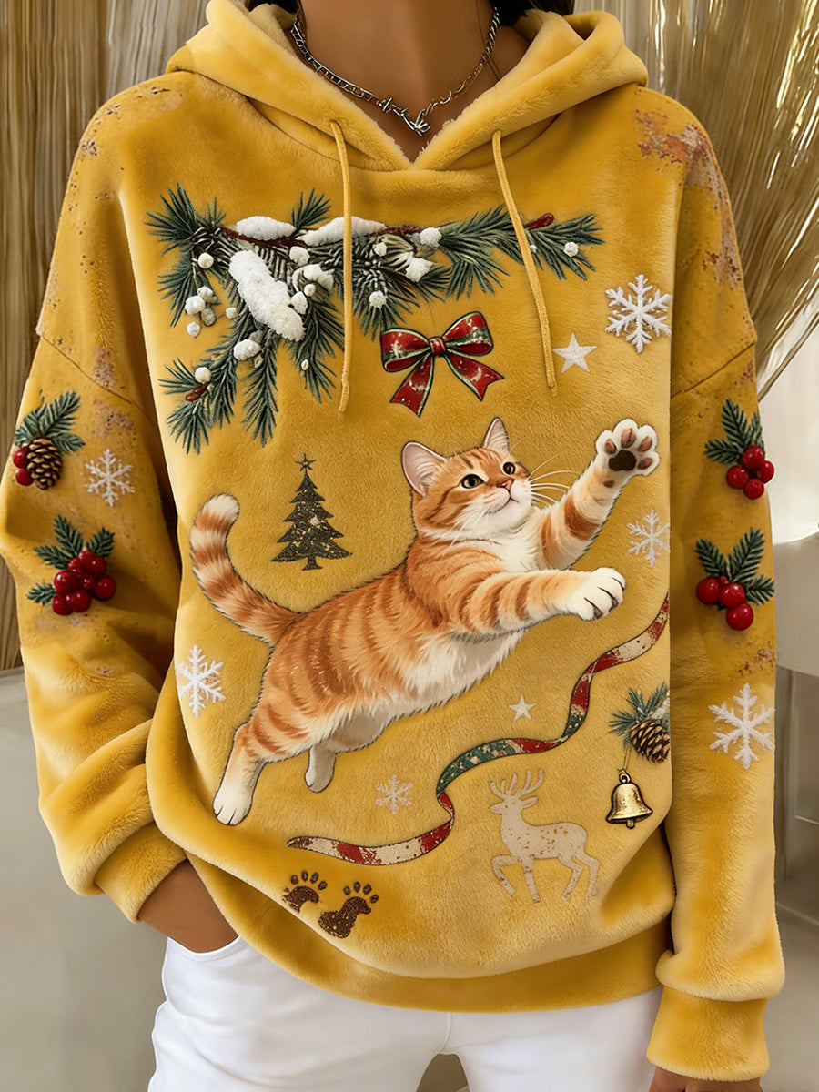 Women's Retro Animal Art Print Comfortable Flannel Hooded Sweatshirt