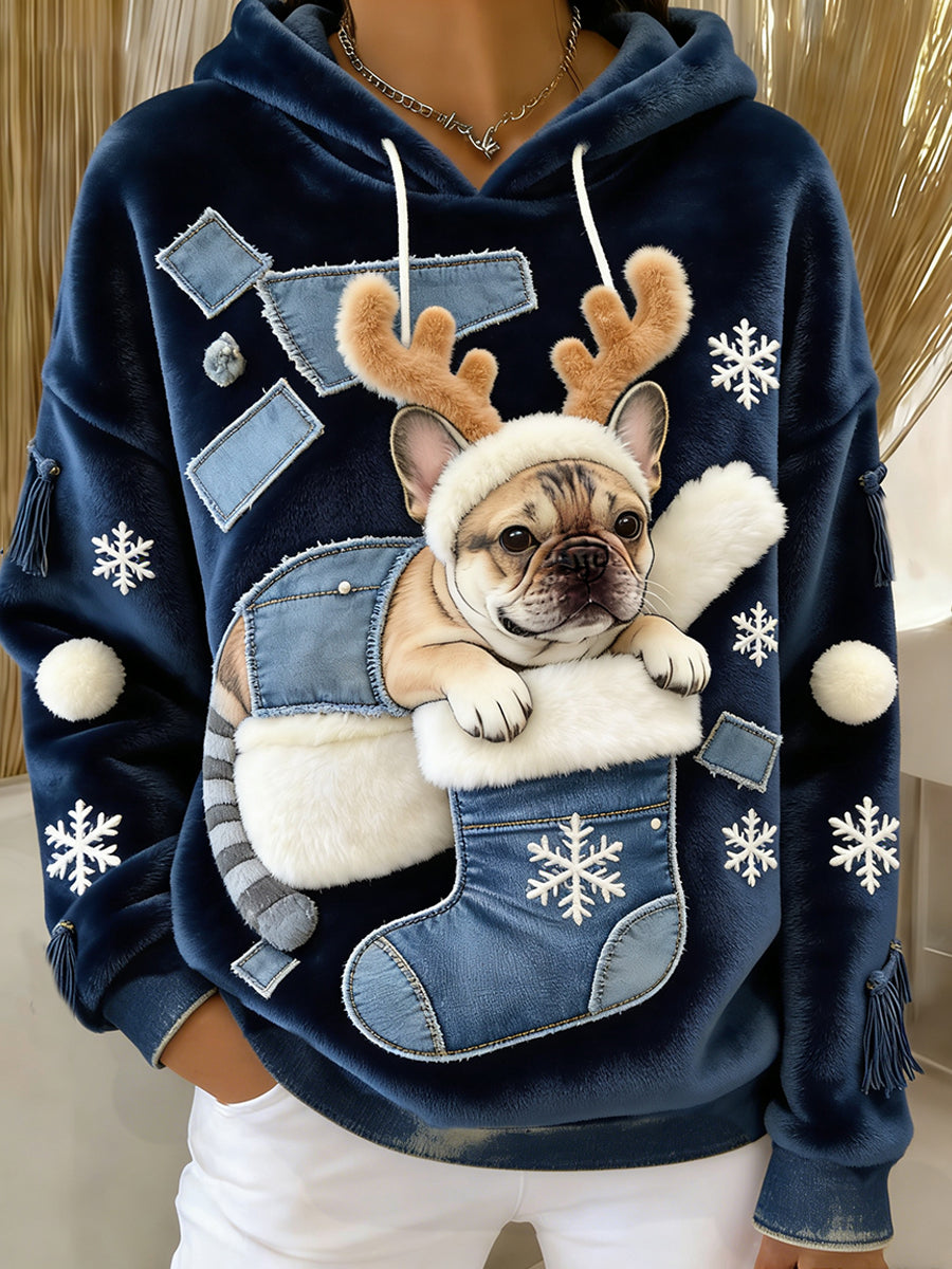 Women's Retro Animal Art Print Comfortable Flannel Hooded Sweatshirt