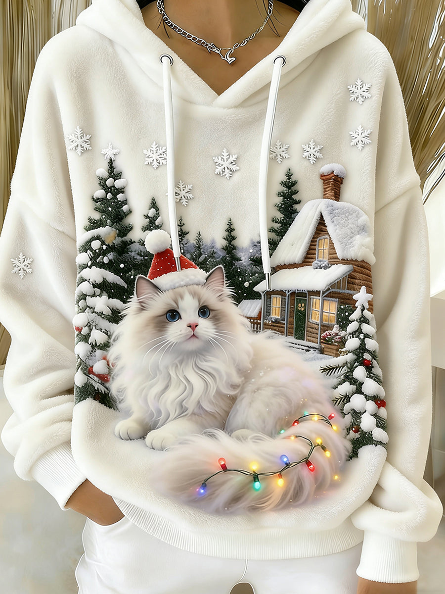 Women's Retro Animal Art Print Comfortable Flannel Hooded Sweatshirt