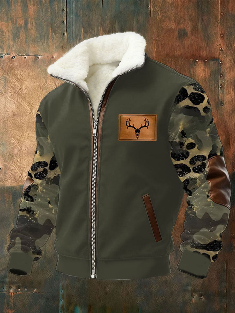 Men's Western Camouflage Plush Stand Collar Shirt