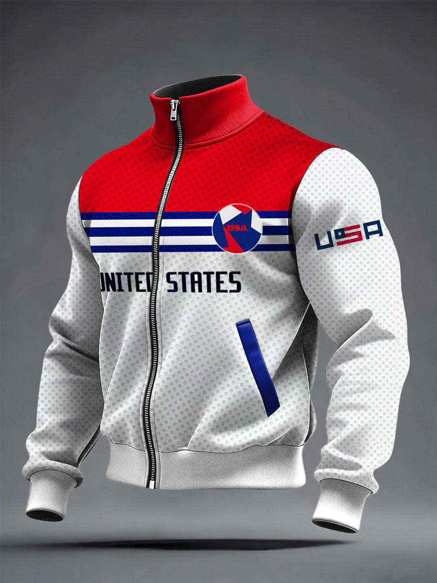 Men's World Cup US Printed long Sleeved Zipper Stand Up Collar Jacket