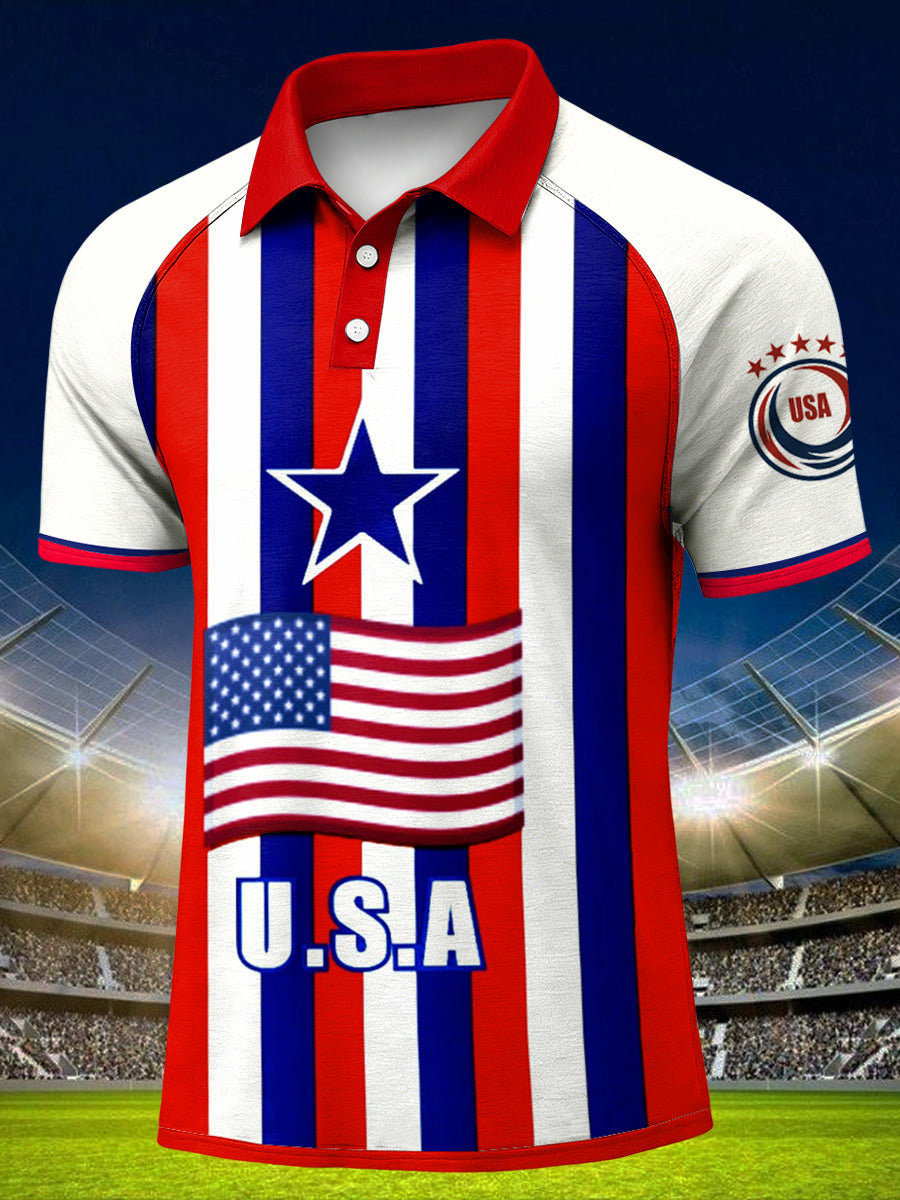 Men's USA Print Raglan Sleeve Polo Collar Casual Short Sleeved Shirt
