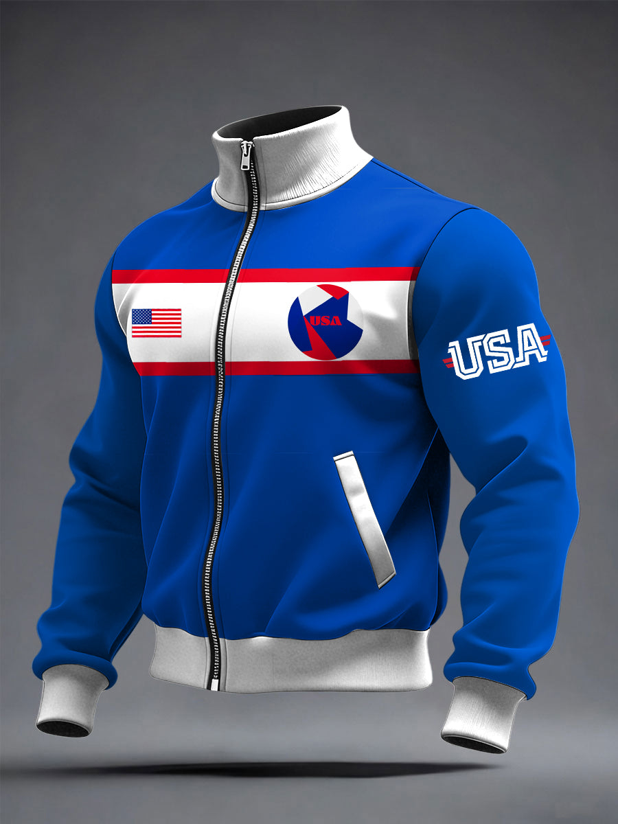 Men's World Cup US Printed long Sleeved Zipper Stand Up Collar Jacket