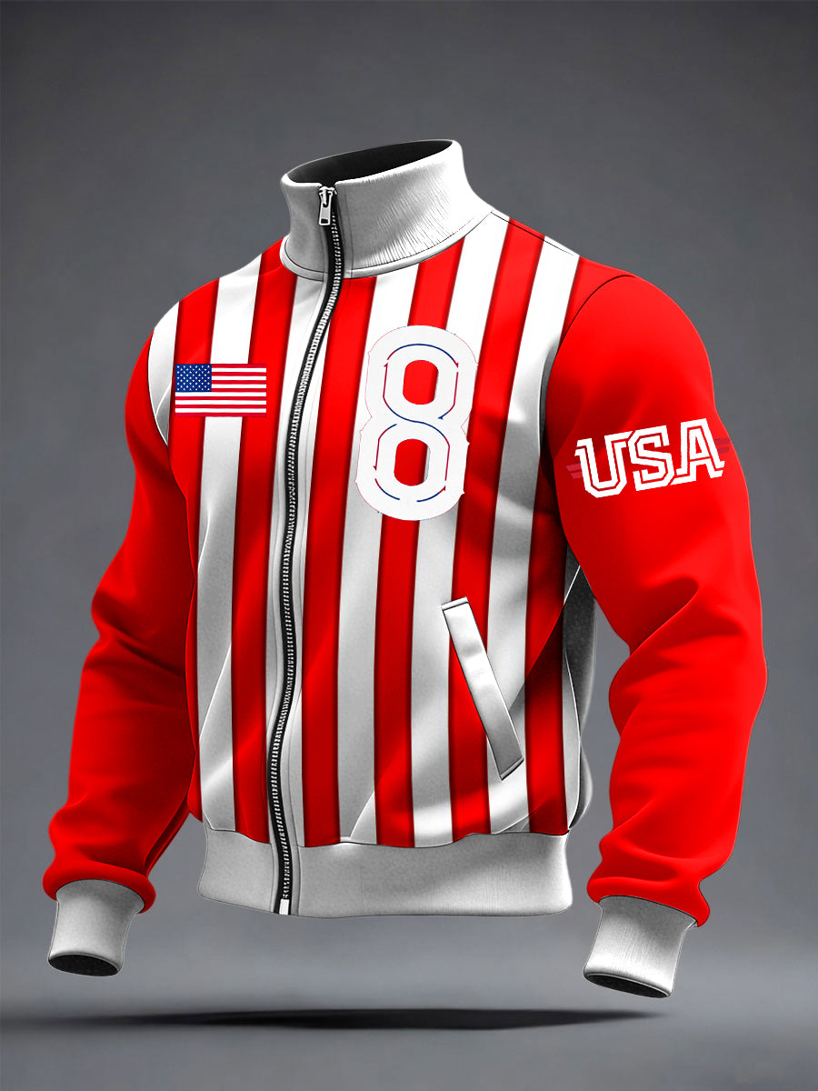 Men's US Printed long Sleeved Zipper Stand Up Collar Jacket