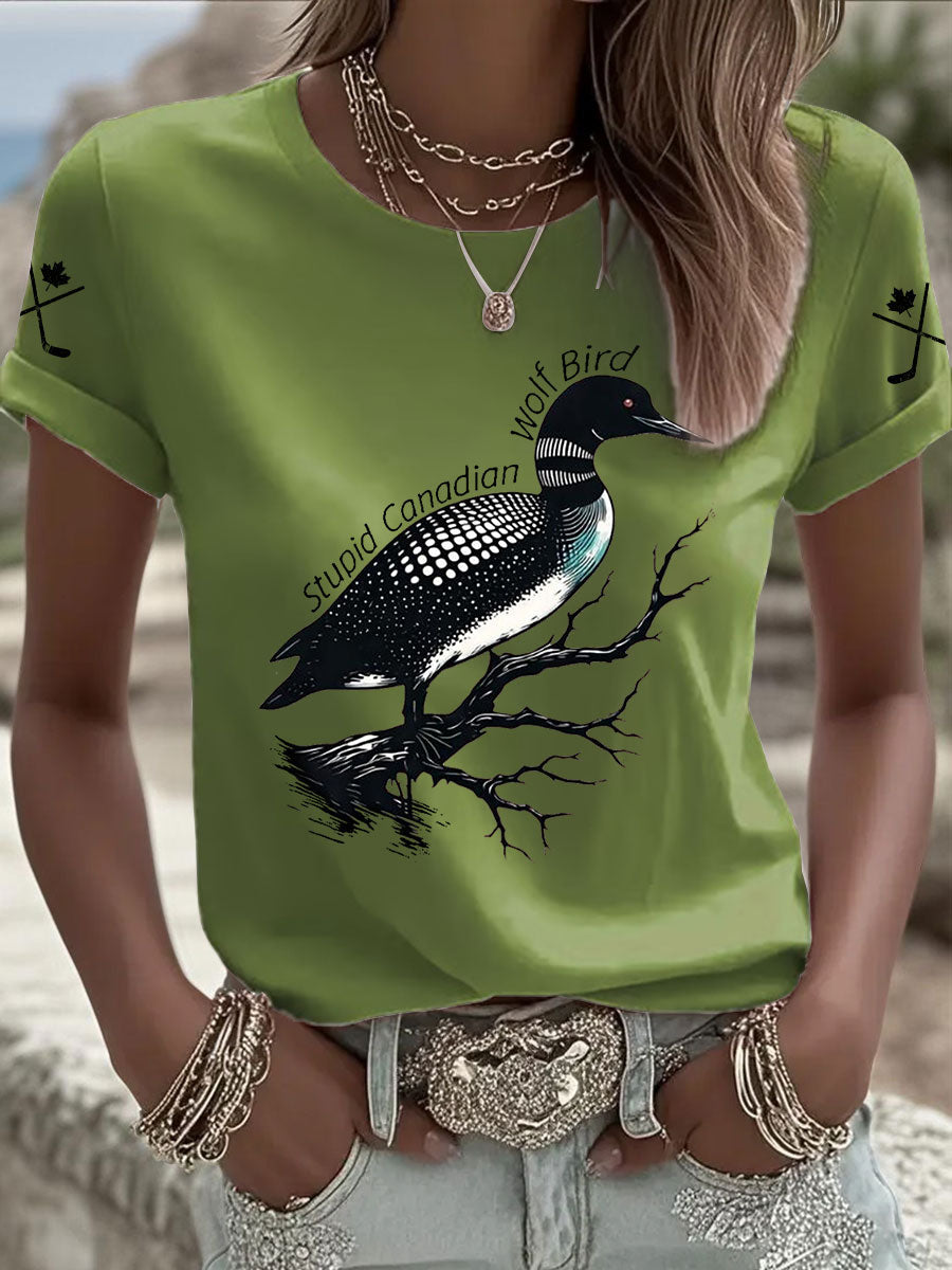 Women's Stupid Canadian Wolf Bird Print Casual T-shirt