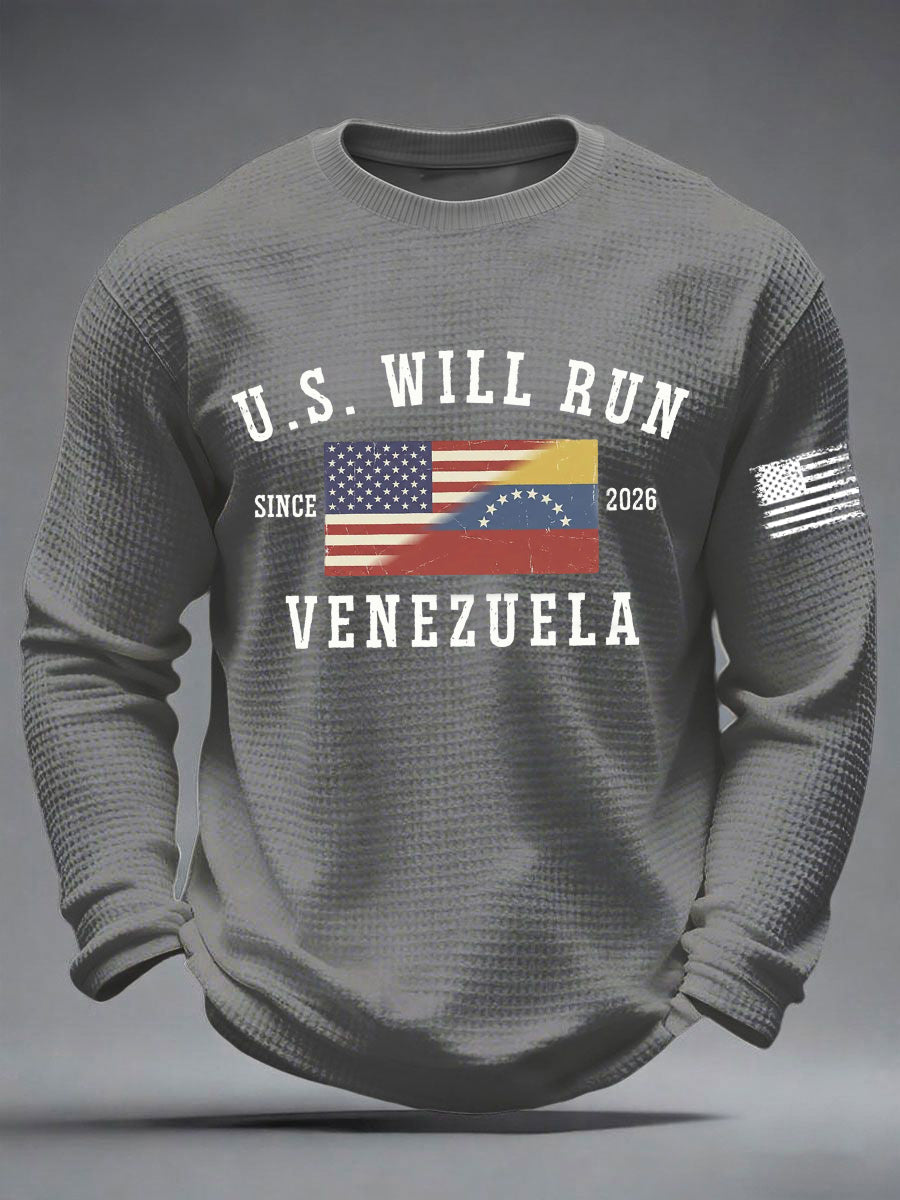 Men's U.S. Will Run Venezuela Since 2026 Freedom Venezuela Printed Waffle Long Sleeve T-Shirt
