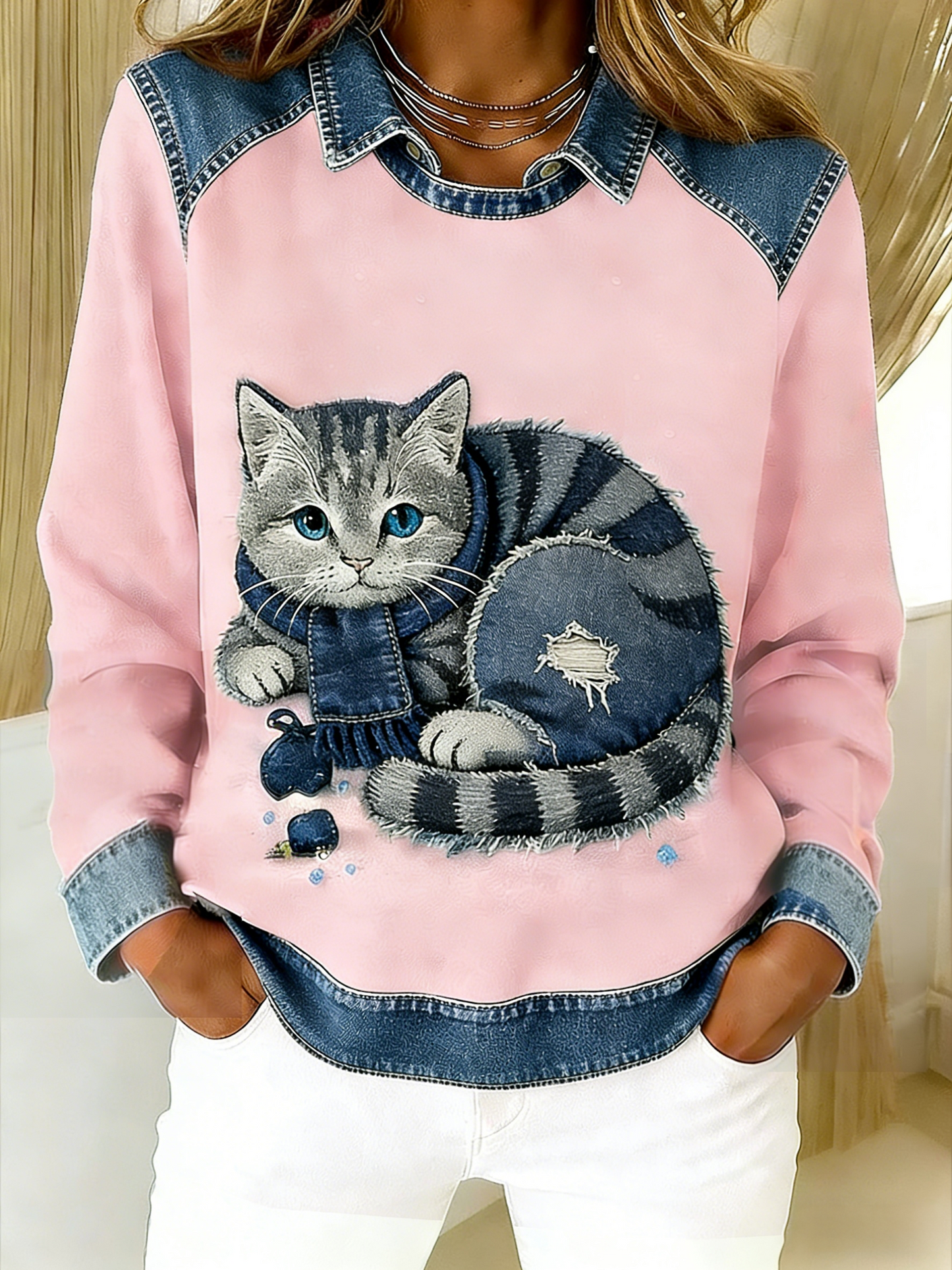Retro Cute Cat Denim Scarf Patchwork Printed Casual Loose Long Sleeve Lapel Sweatshirt