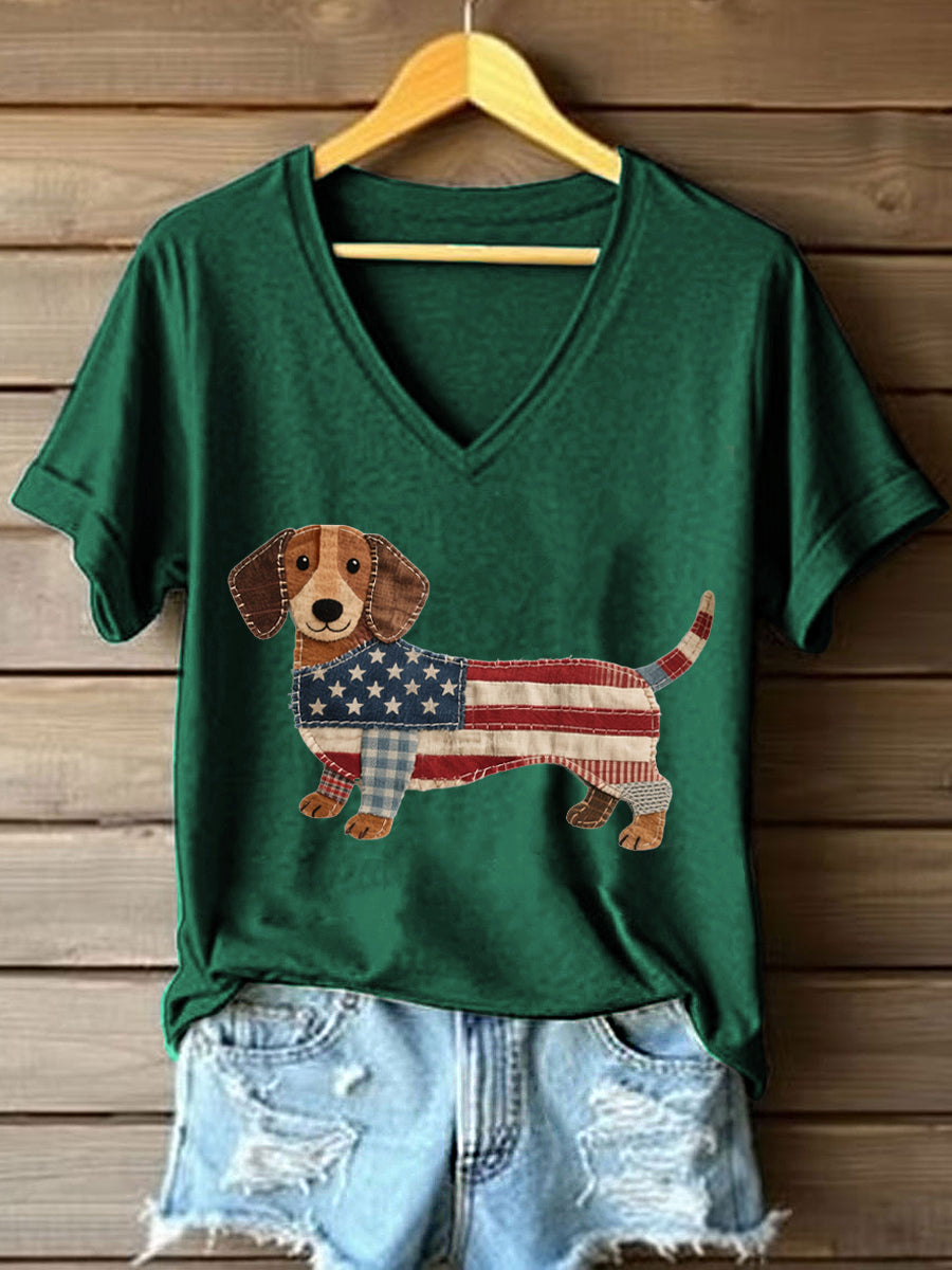 Women's Lovely Dachshund Patchwork Pattern V-Neck T-Shirt