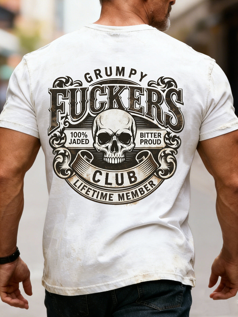 Retro Old Fuckers Club Distressed Skull Casual T-Shirt
