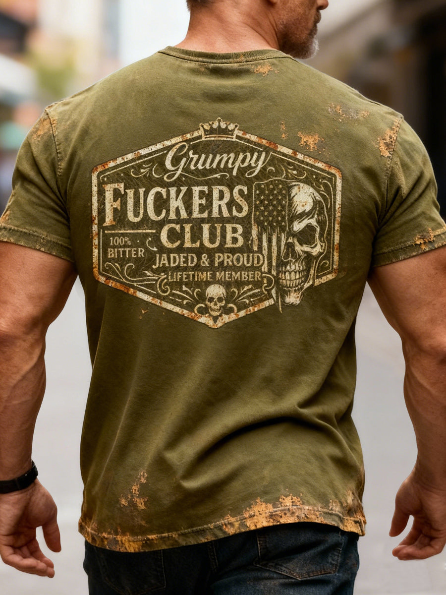 Vintage Distressed Old Fuckers Club Skull Distressed Casual T-Shirt