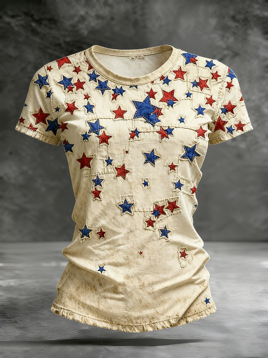Women's Anniversary Patchwork Pattern Vintage Washed T-Shirt