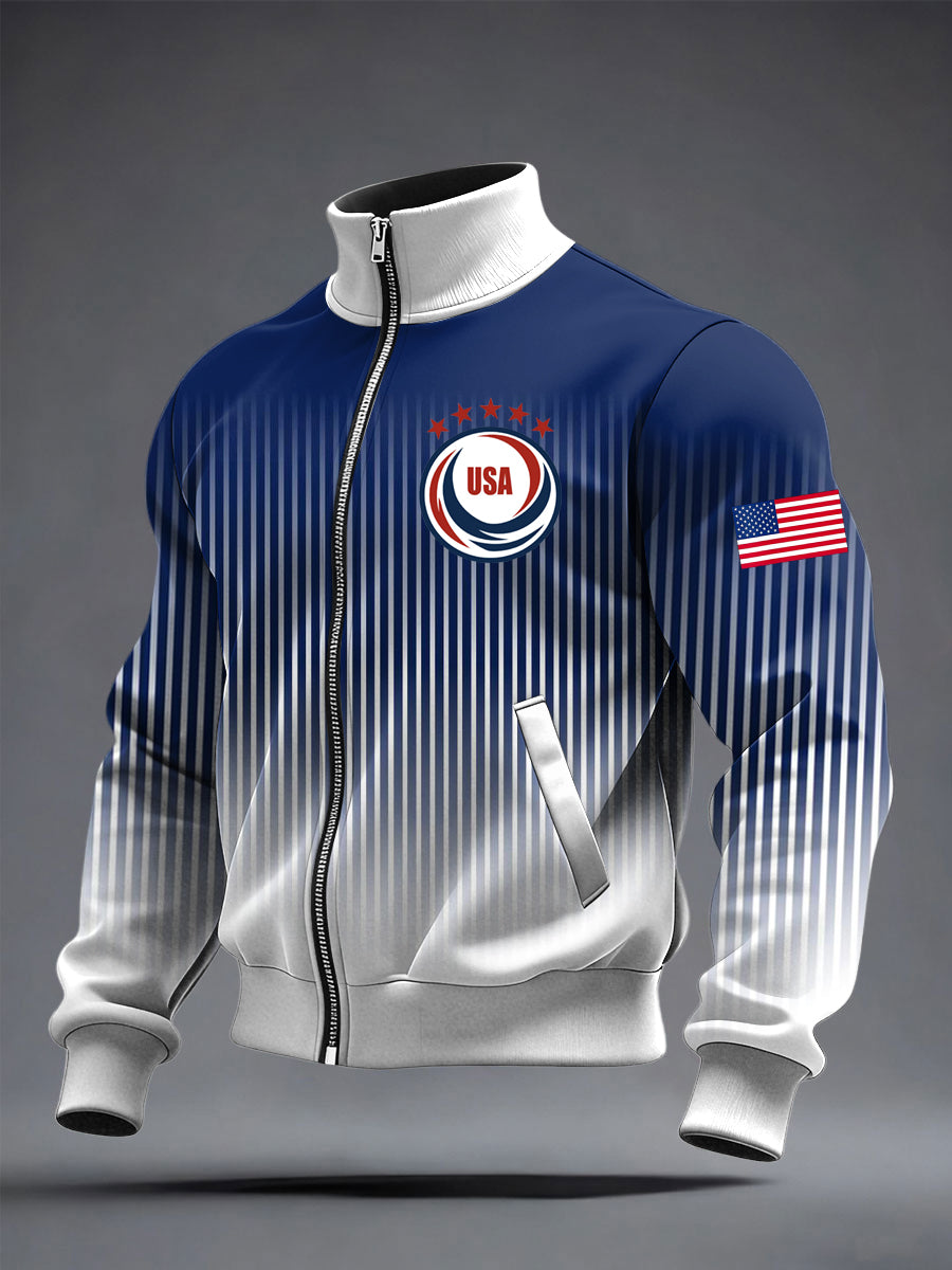 Men's USA Printed long Sleeved Zipper Stand Up Collar Jacket