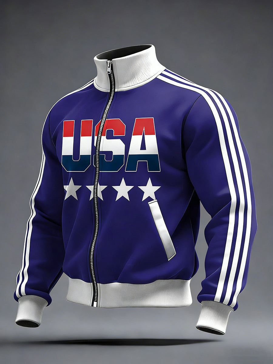 Men's USA Printed long Sleeved Zipper Stand Up Collar Jacket