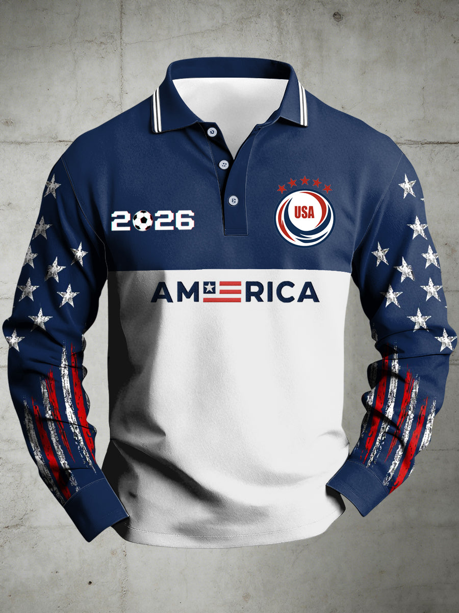 Men's USA Printed Polo Collar Casual Long Sleeved Shirt