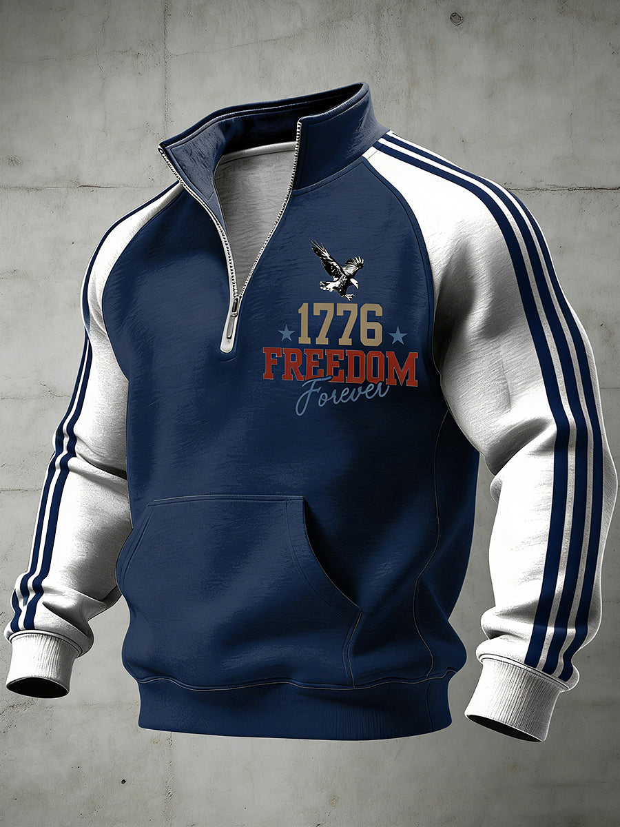 Men's American Freedom Printed Half Zip Stand Up Collar With Raglan Sleeves Sweatshirt