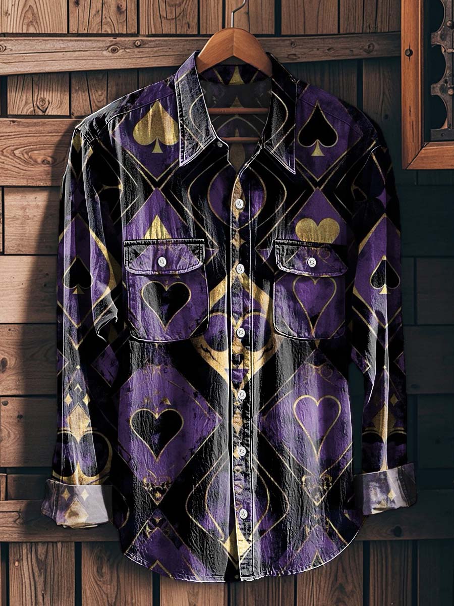 Poker-Inspired Print Casual Long-Sleeve Shirt