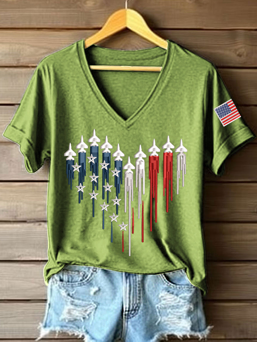 Women's Anniversary Embroidery Pattern V-Neck T-Shirt