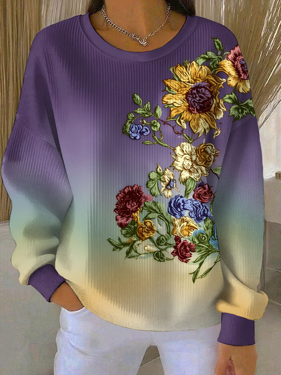 Women's Floral Print Ribbed Round-Neck Sweatshirt