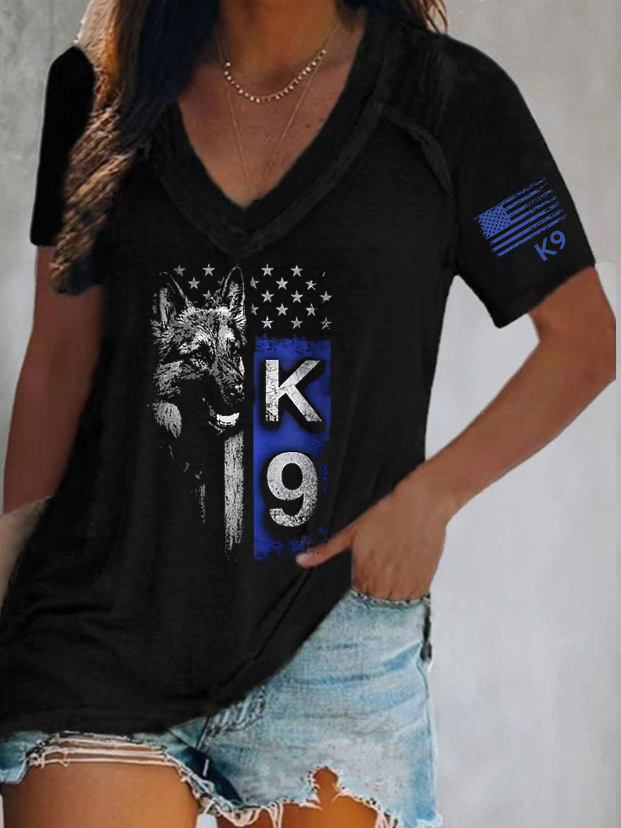Women's K-9 Veterans Day Faux Cotton V-Neck Short Sleeve T-shirt