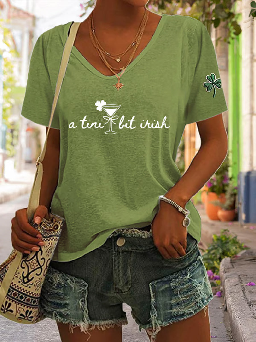 Women's St. Patrick's Day Shamrock A Tini Bit Irish V-neck Short Sleeve T-shirt