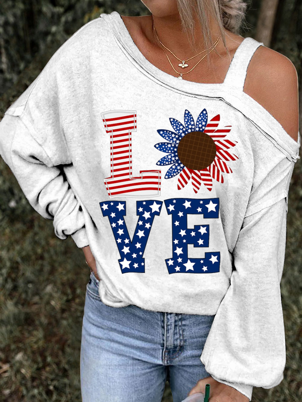 Retro USA Flag Independence Day Printed Long-Sleeve Top
