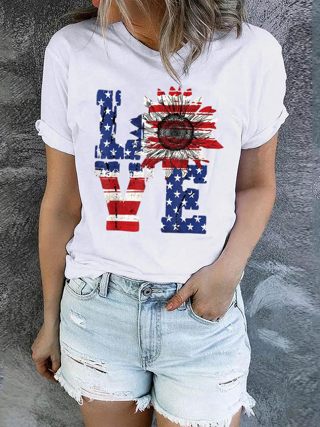Retro American Flag Independence Day Printed Crew Neck Short Sleeve T-Shirt