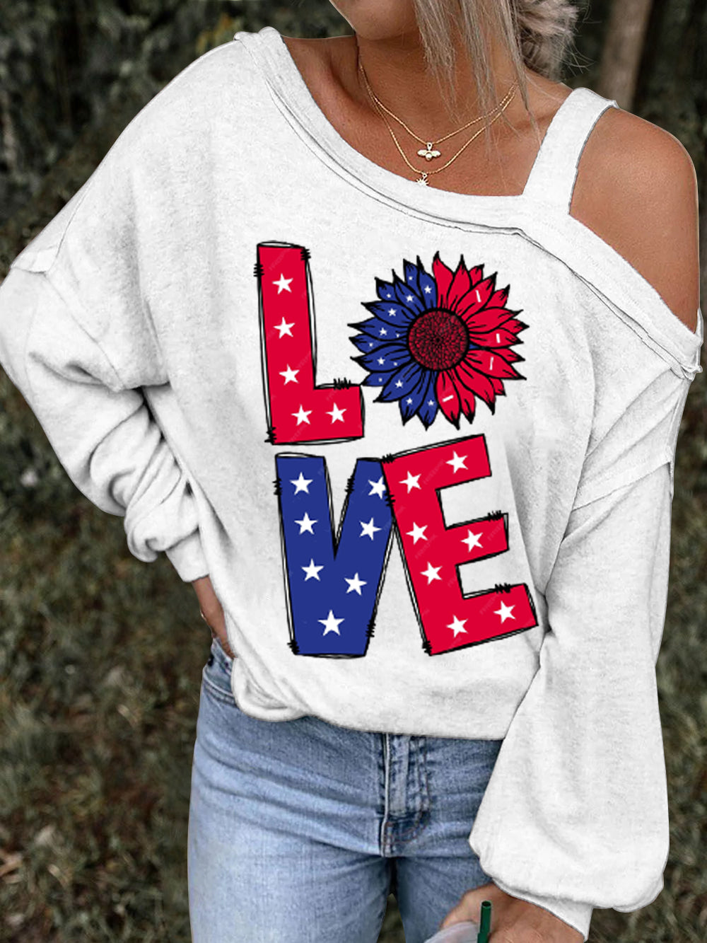 Retro USA Flag Independence Day Printed Long-Sleeve Top