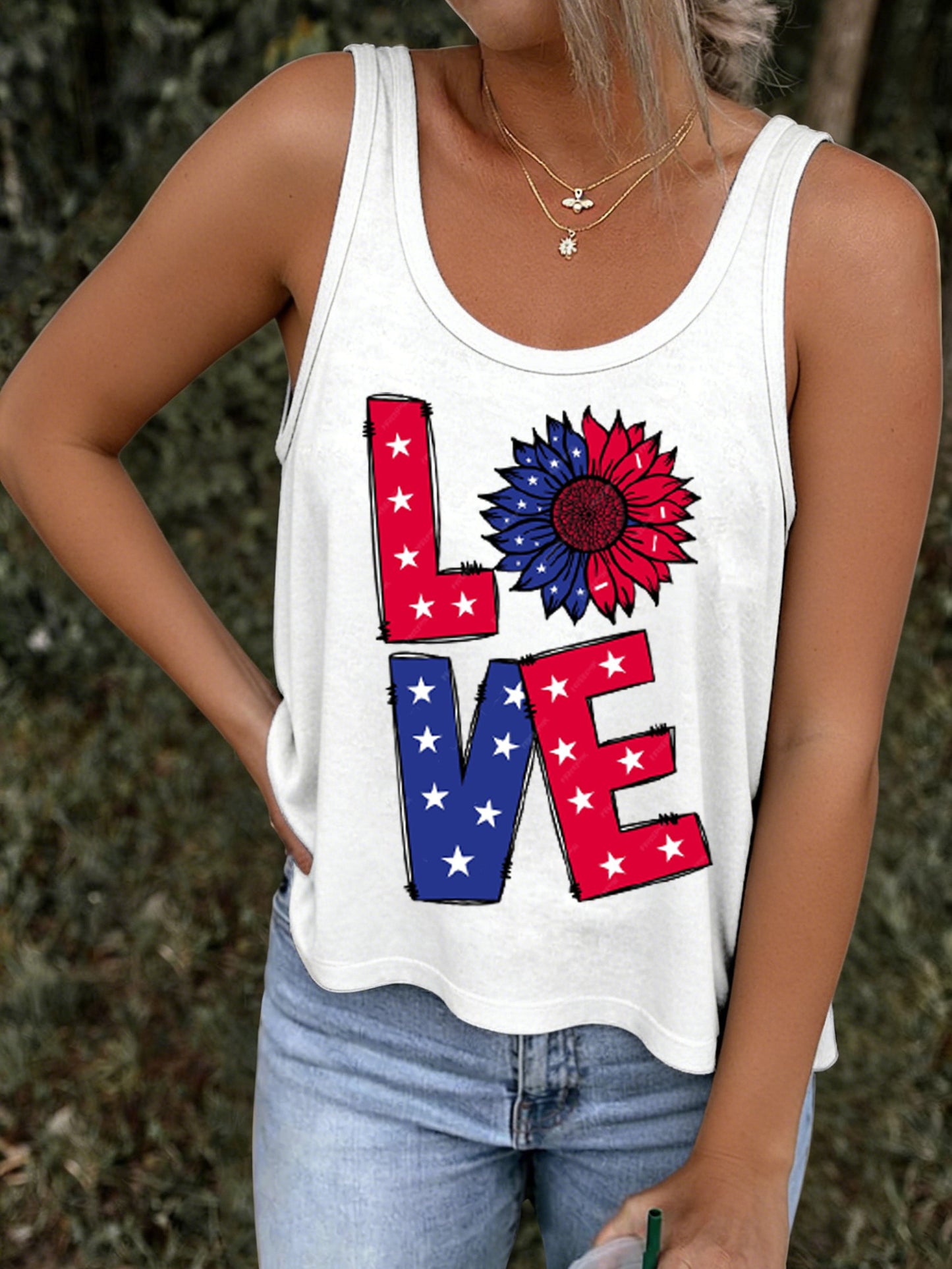 Retro American Flag Independence Day Printed Crew Neck Tank Top
