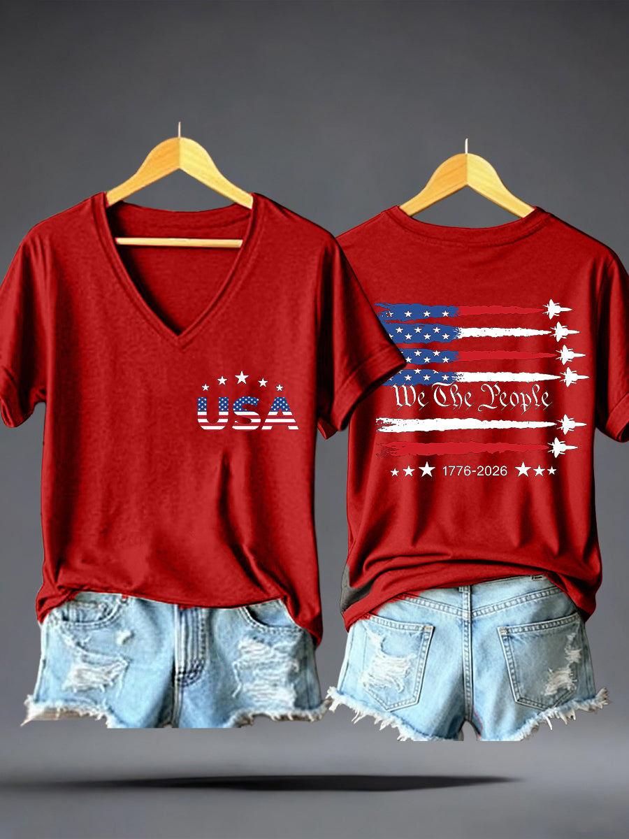 Women's USA 1776–2026 Print V-Neck T-Shirt