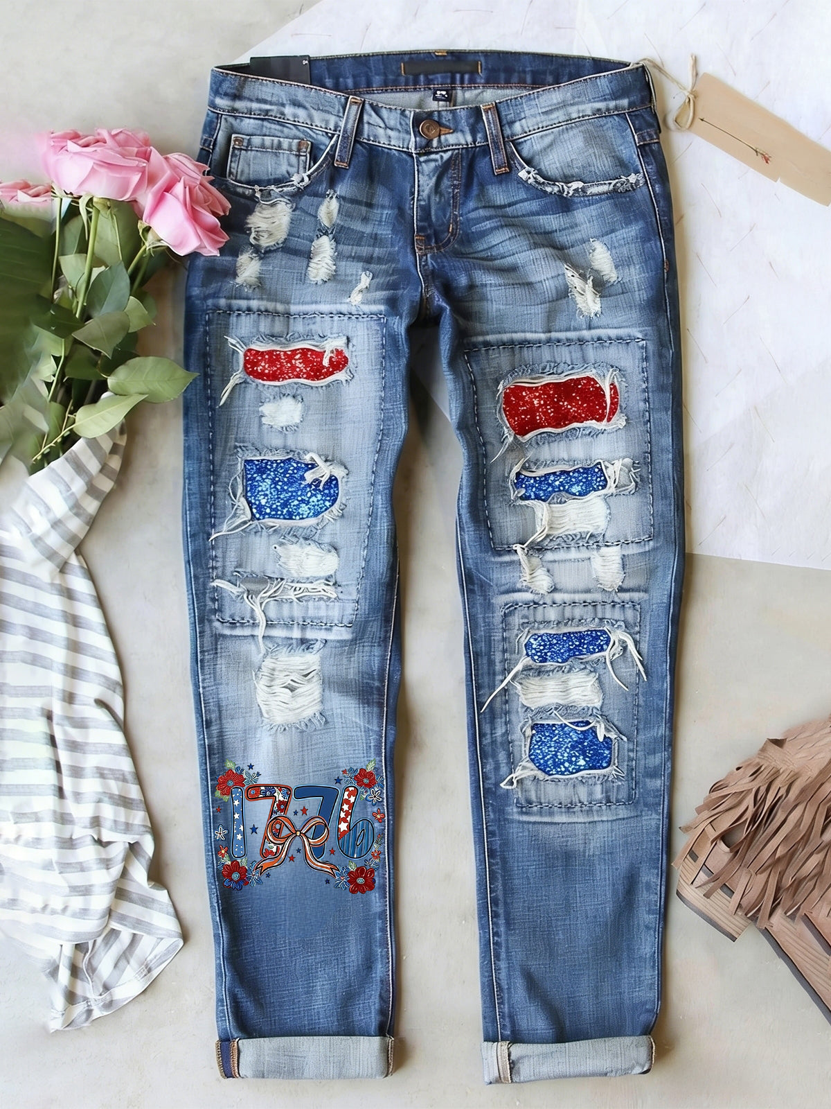 Women's Retro American Independence Day Ripped Denim Pants