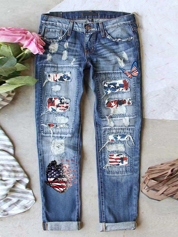 Women's Retro American Independence Day Ripped Denim Pants