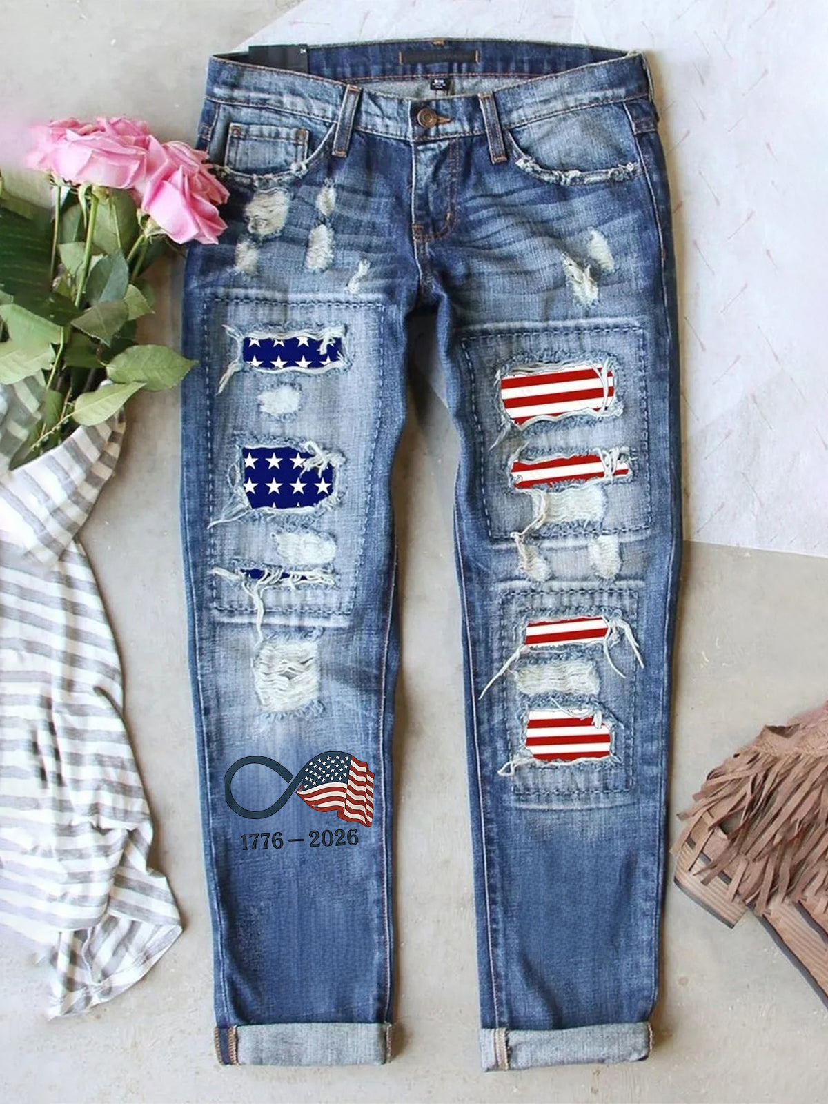 Women's Retro American Independence Day Ripped Denim Pants