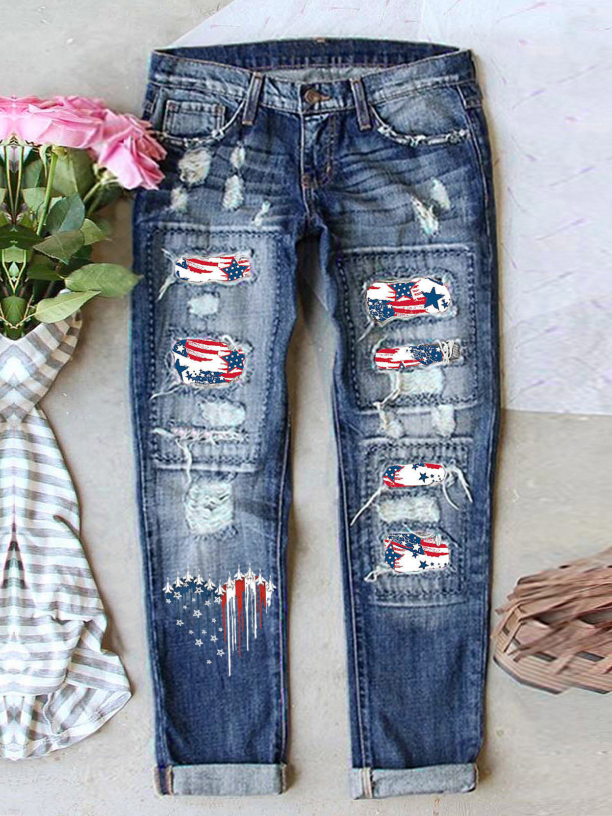 Women's Retro American Independence Day Ripped Denim Pants