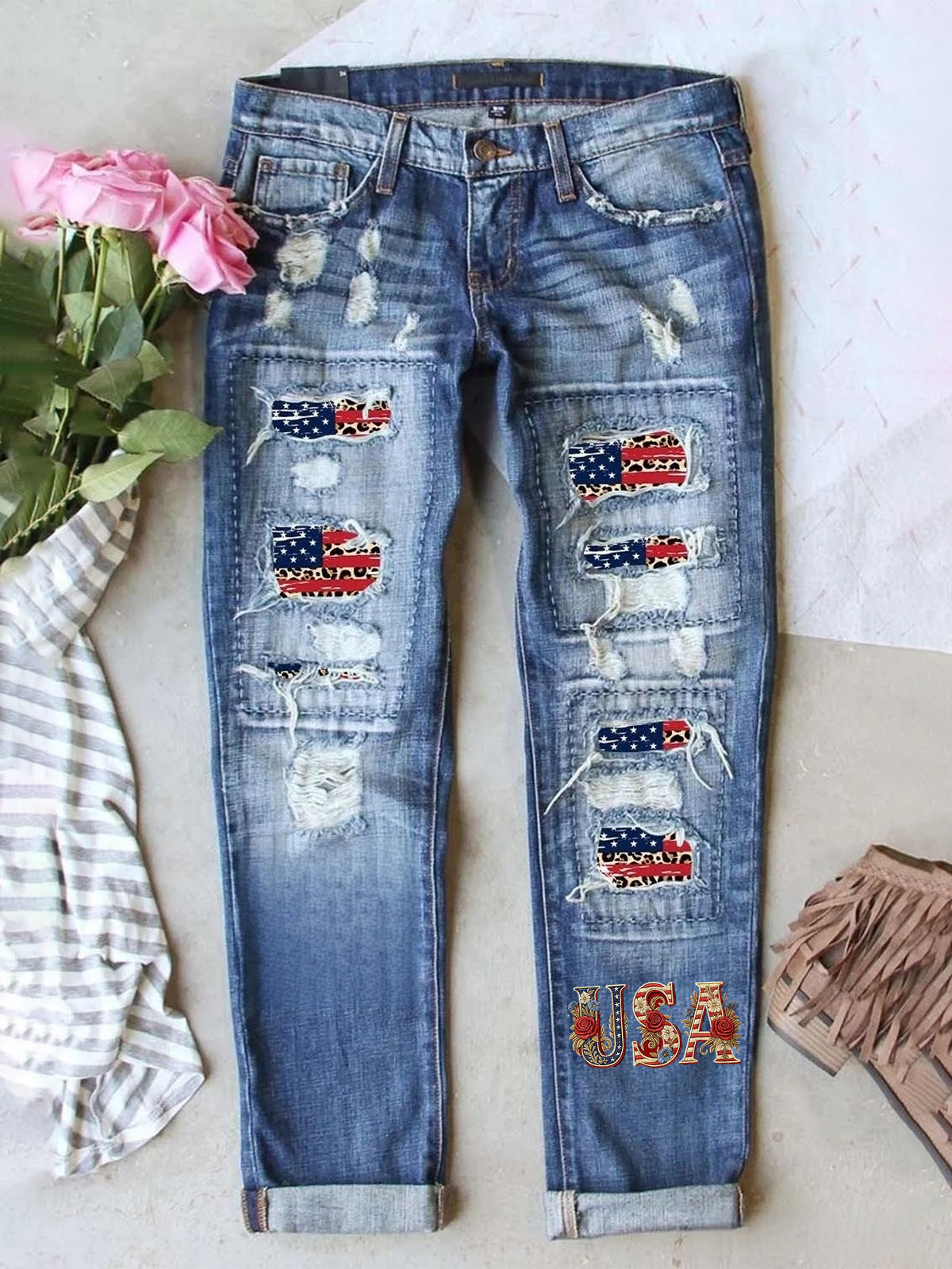 Women's Retro American Independence Day Ripped Denim Pants