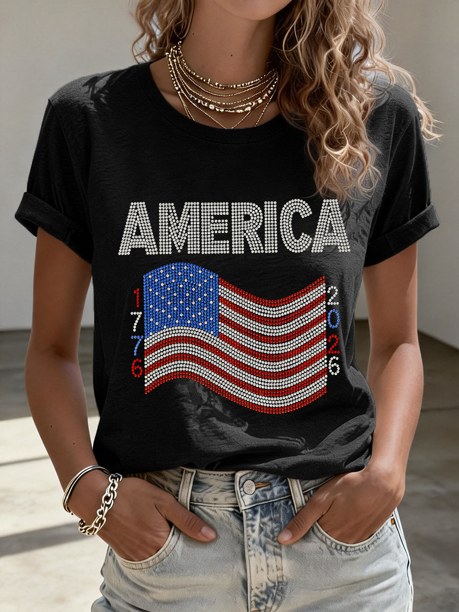 Women's USA1776-2026 Rhinestone Pattern T-Shirt