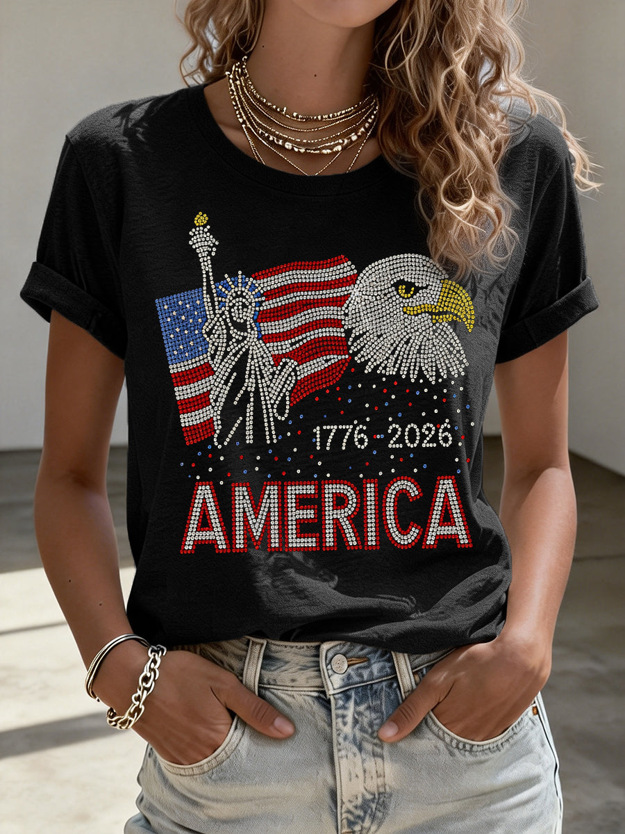 Women's USA1776-2026 Rhinestone Pattern T-Shirt
