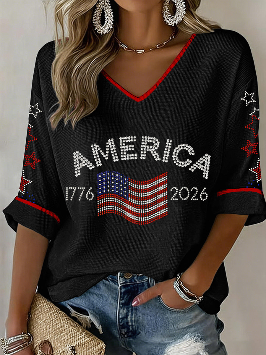 Women's USA 1776-2026 Rhinestone Pattern V-Neck Waffle Top