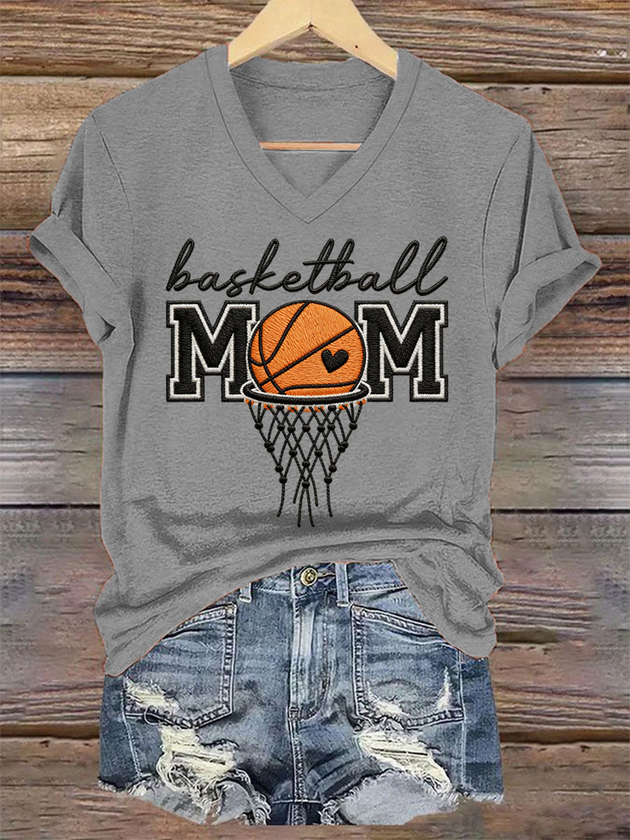 Women's Basketball Mom Print Basketball Lovers Gameday Casual V-Neck Te