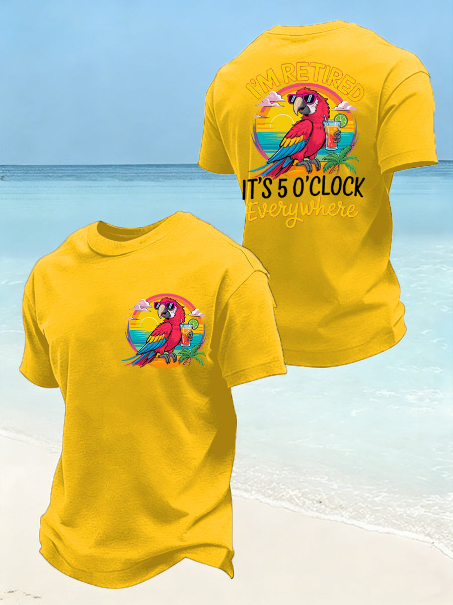 Men's Funny I'm Retired It's 5 O’clock Everywhere Parrot Print Casual Tee