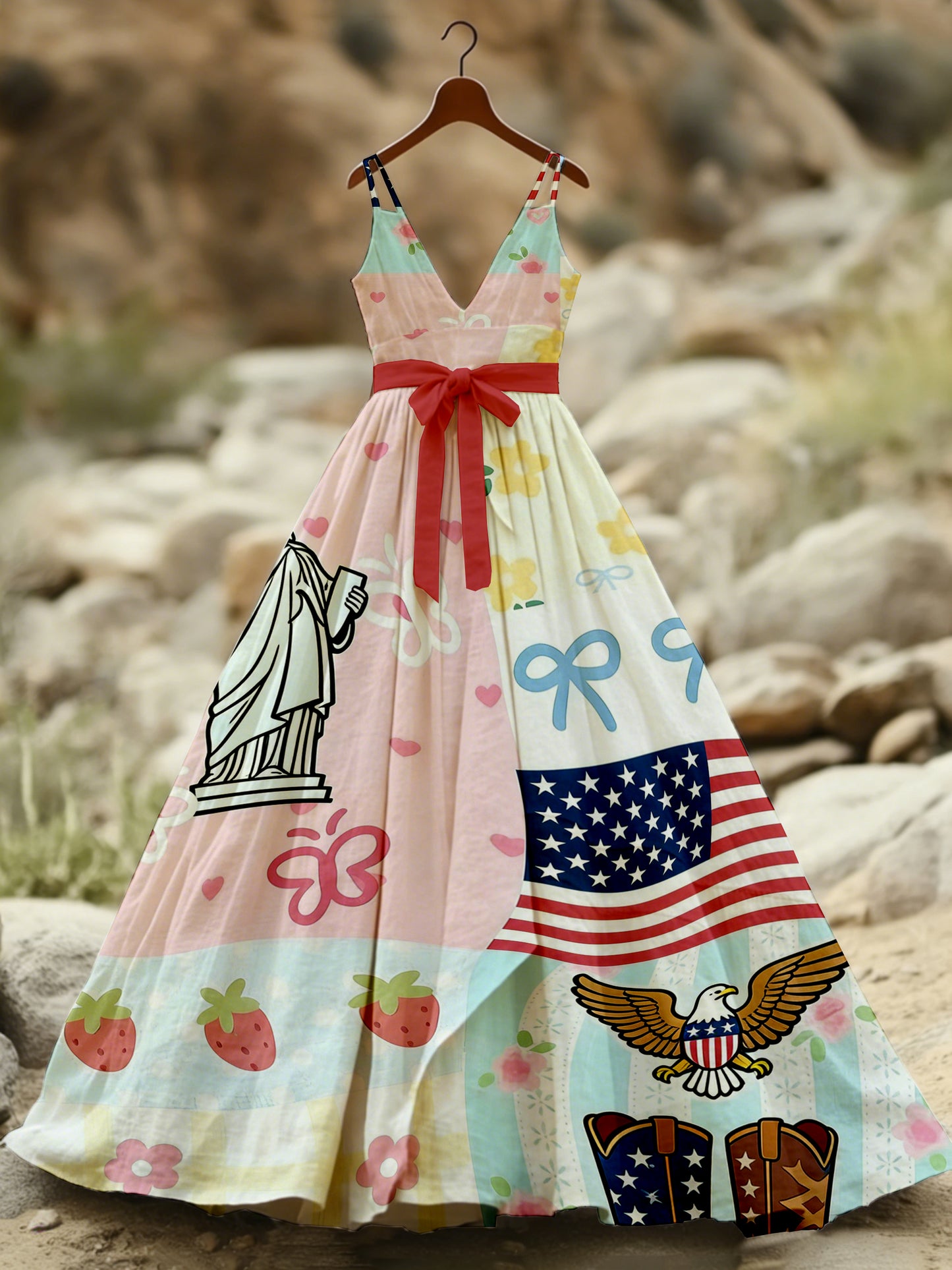 Women's American Patriotic Commemorative Print Long Spaghetti Strap Dress